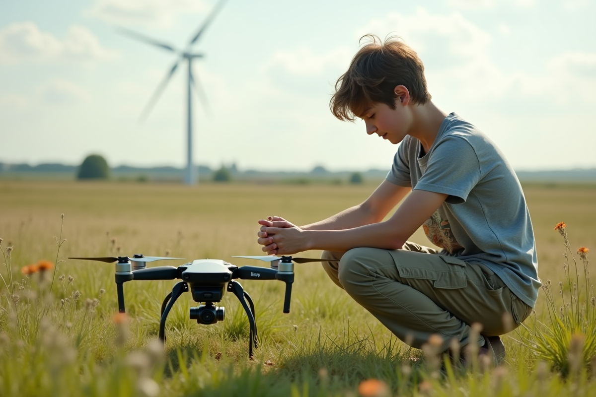 Adolescent en plein air assemble un drone dans un champ naturel