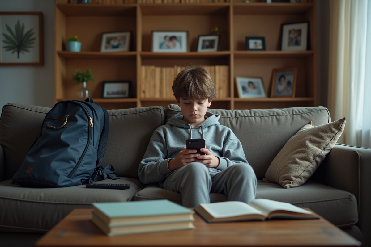 Adolescent sur un canapé regardant son smartphone