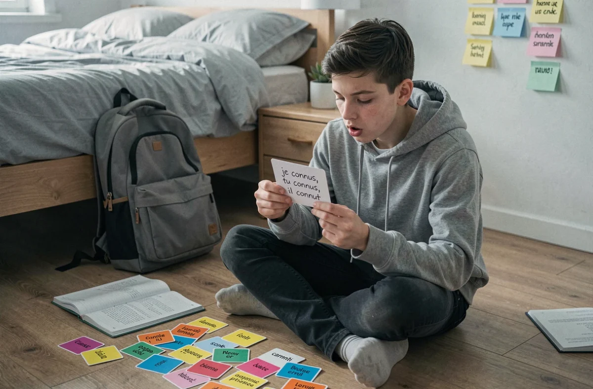 Adolescent révisant la conjugaison du verbe connaître au passé simple avec des fiches de vocabulaire français éparpillées sur le sol de sa chambre