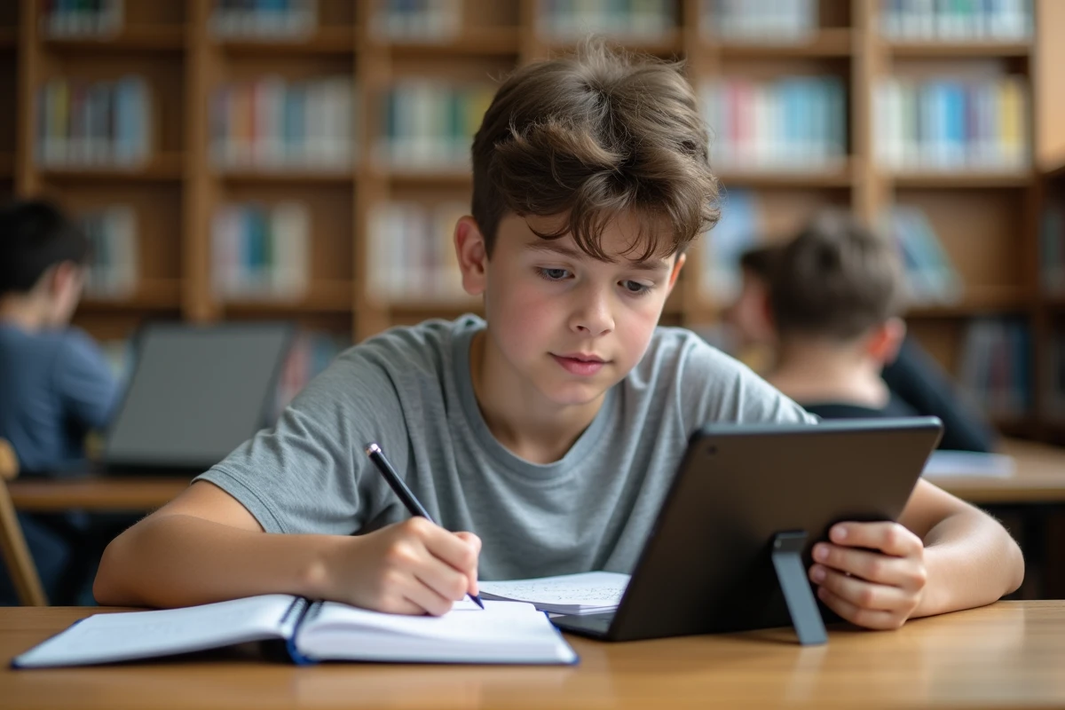 Adolescent prenant des notes manuscrites en consultant l'ENT scolaire sur une tablette dans une bibliothèque