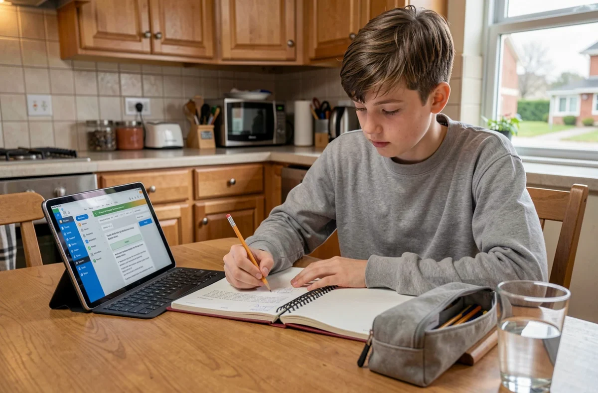 Adolescent faisant ses devoirs à la maison avec une tablette connectée à l'ENT scolaire de la région Auvergne Rhône-Alpes