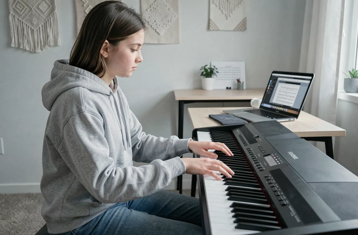 Adolescente pianiste s'entraînant seule à la main gauche sur un piano numérique, exercice de clef de FA
