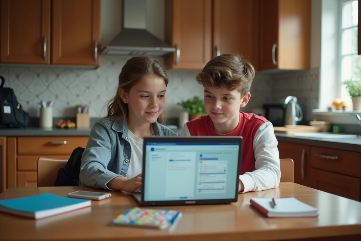 Deux adolescents travaillant ensemble sur l'ENT depuis un ordinateur portable à la maison pour consulter la messagerie scolaire et les devoirs