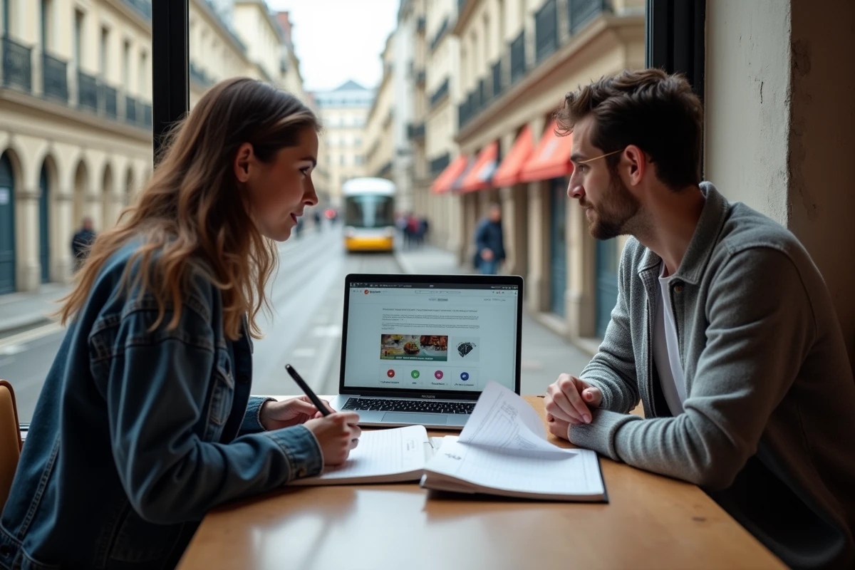 Deux alternants en marketing comparant leurs expériences en PME et grand groupe dans un espace de travail collaboratif à Bordeaux