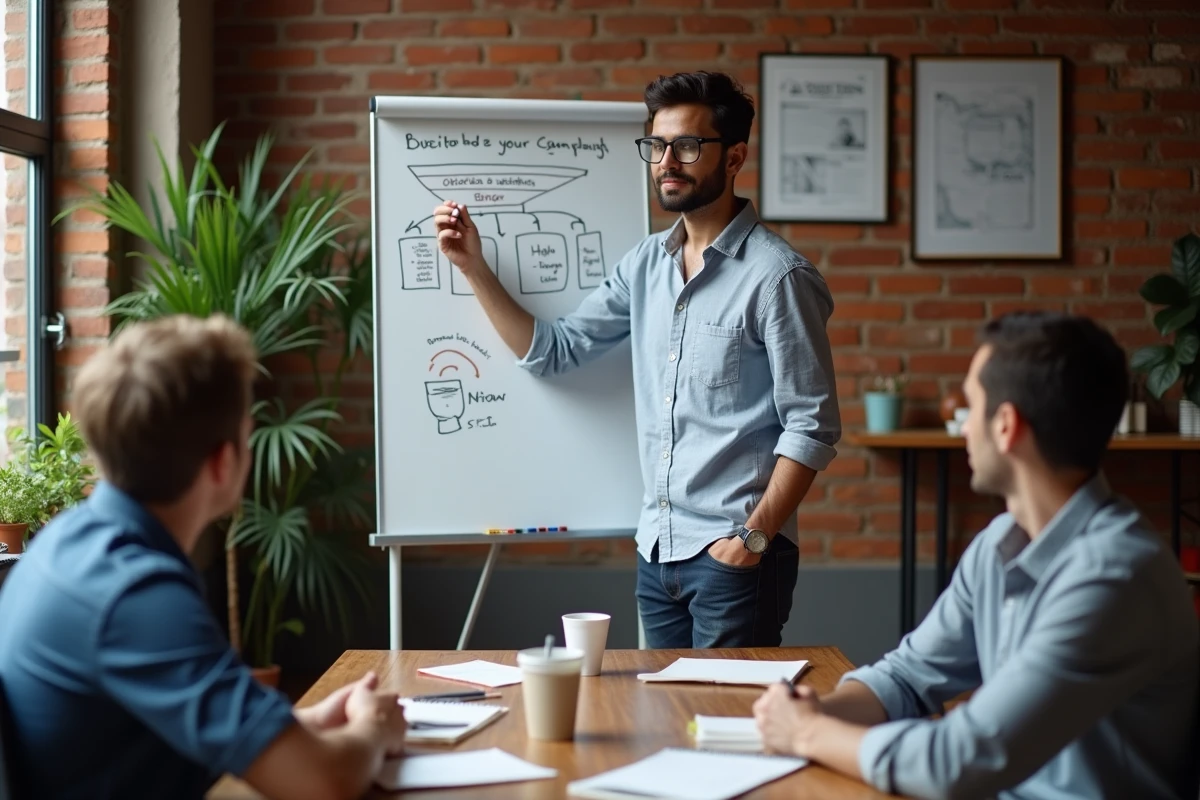 Jeune alternant en marketing présentant une stratégie à une petite équipe dans une PME à l'ambiance startup à Bordeaux