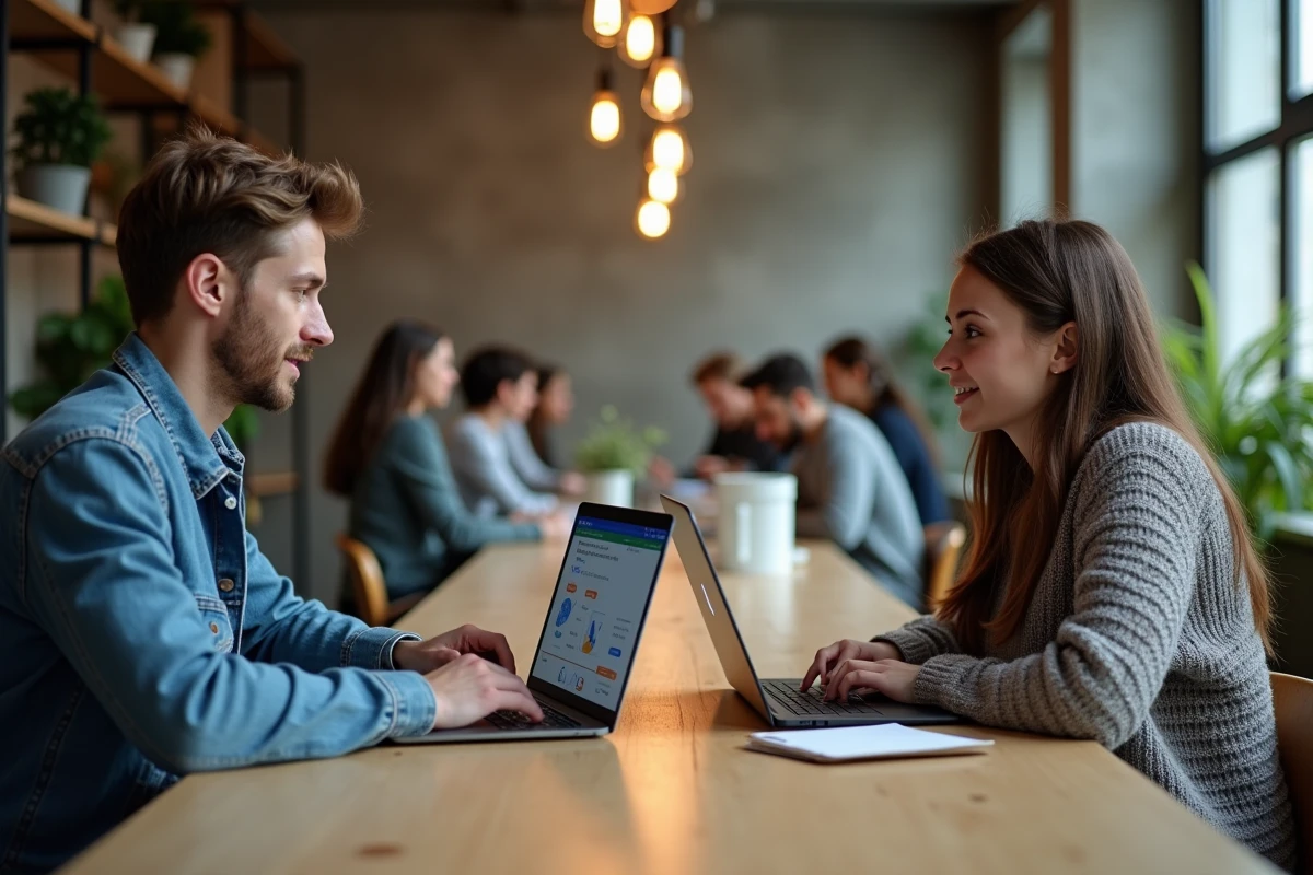 Deux apprenants adultes collaborant sur des cours en ligne Moodle dans un espace de coworking contemporain
