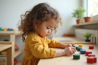 Petite fille concentrée manipulant des tablettes de couleurs en bois Montessori dans une salle de classe lumineuse