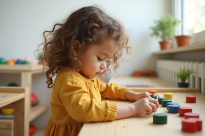 Petite fille concentrée manipulant des tablettes de couleurs en bois Montessori dans une salle de classe lumineuse