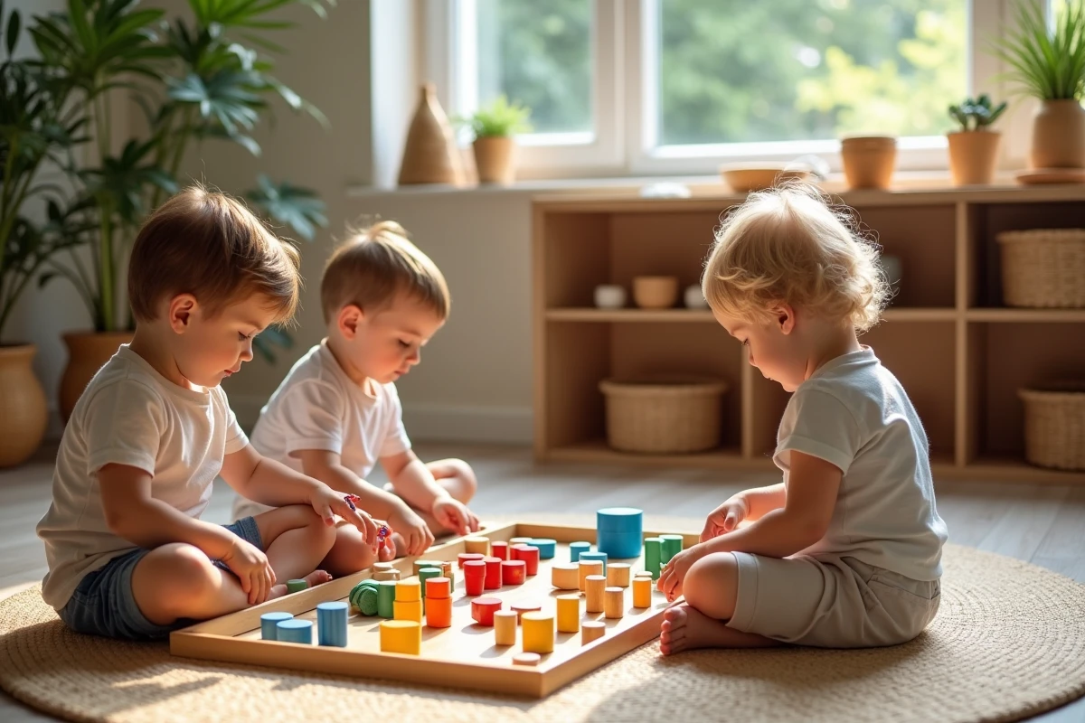 Groupe d'enfants triant des cylindres colorés Montessori sur un tapis naturel dans un espace d'apprentissage à domicile