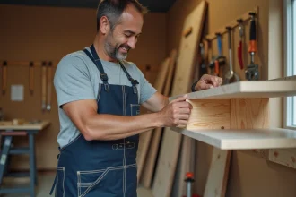 Artisan bricoleur en tablier bleu examinant une étagère en bois assemblée dans un atelier organisé, illustrant une carrière professionnelle dans le bricolage