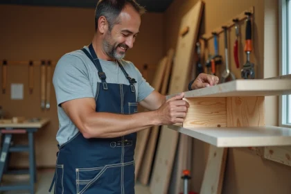 Artisan bricoleur en tablier bleu examinant une étagère en bois assemblée dans un atelier organisé, illustrant une carrière professionnelle dans le bricolage