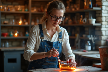 Femme soufflant du verre dans un atelier artisanal