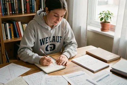 Étudiante calculant ses notes avec coefficient dans un carnet sur un bureau en bois entouré de feuilles de notes