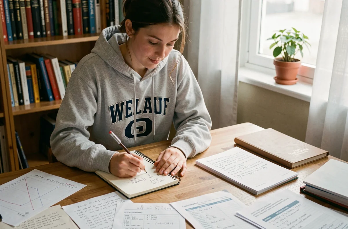 Étudiante calculant ses notes avec coefficient dans un carnet sur un bureau en bois entouré de feuilles de notes
