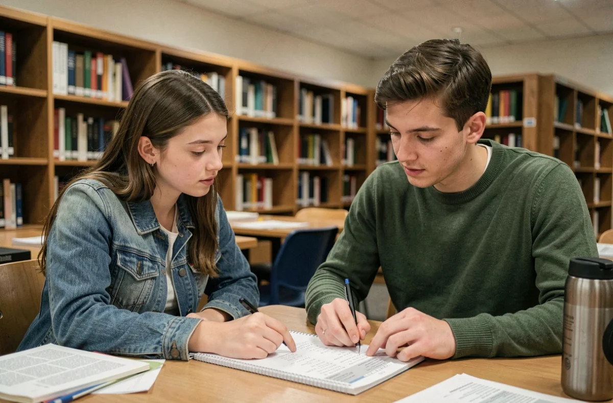 Deux étudiants comparant leurs calculs de notes avec coefficient dans une bibliothèque universitaire