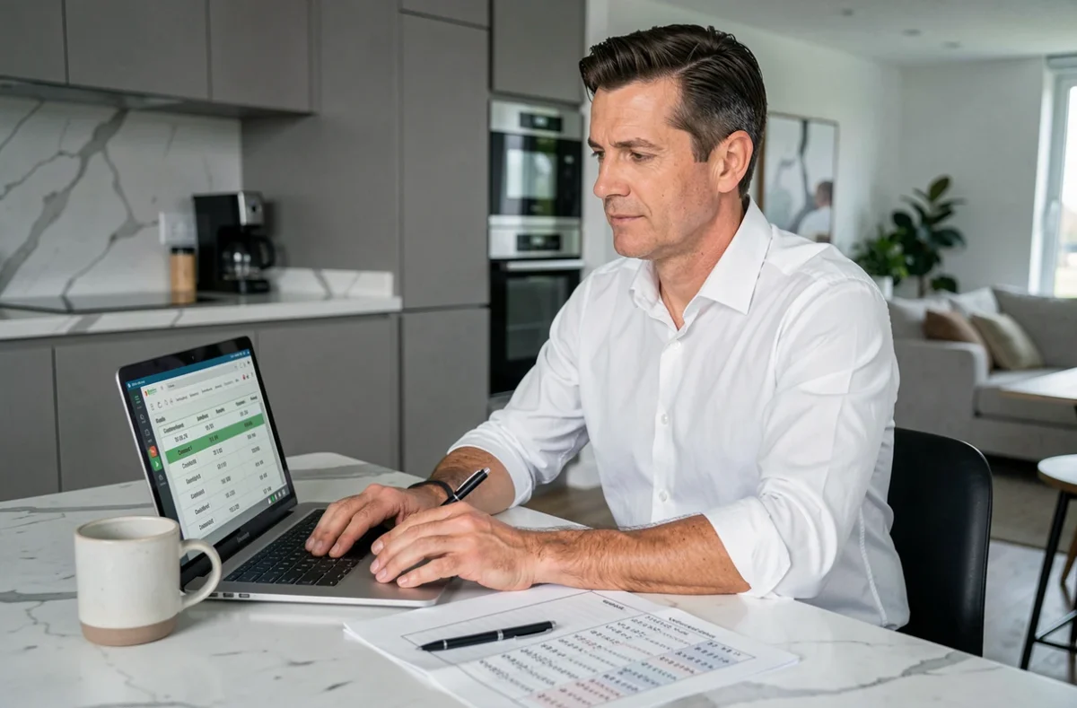 Homme consultant un tableur de calcul de notes avec coefficient sur un ordinateur portable à la maison