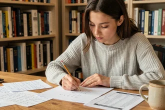 Jeune femme calculant une probabilité d'intersection sur papier quadrillé à son bureau avec des notes de statistiques