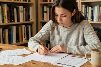 Jeune femme calculant une probabilité d'intersection sur papier quadrillé à son bureau avec des notes de statistiques