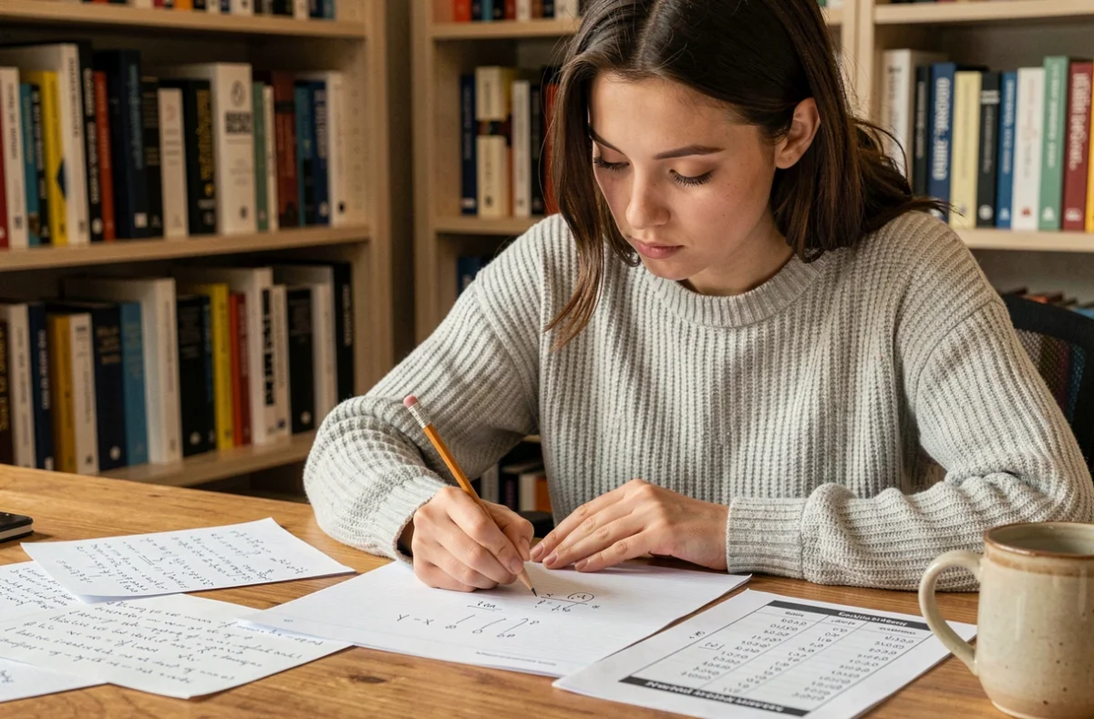 Jeune femme calculant une probabilité d'intersection sur papier quadrillé à son bureau avec des notes de statistiques