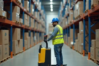 Cariste utilisant un transpalette électrique CACES 1 dans une allée de entrepôt logistique avec des rayonnages métalliques