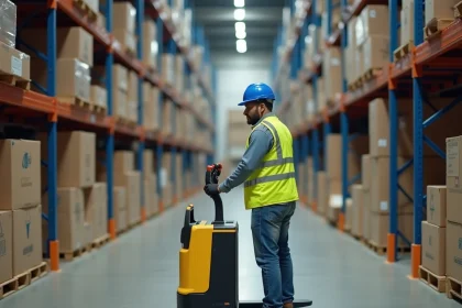 Cariste utilisant un transpalette électrique CACES 1 dans une allée de entrepôt logistique avec des rayonnages métalliques