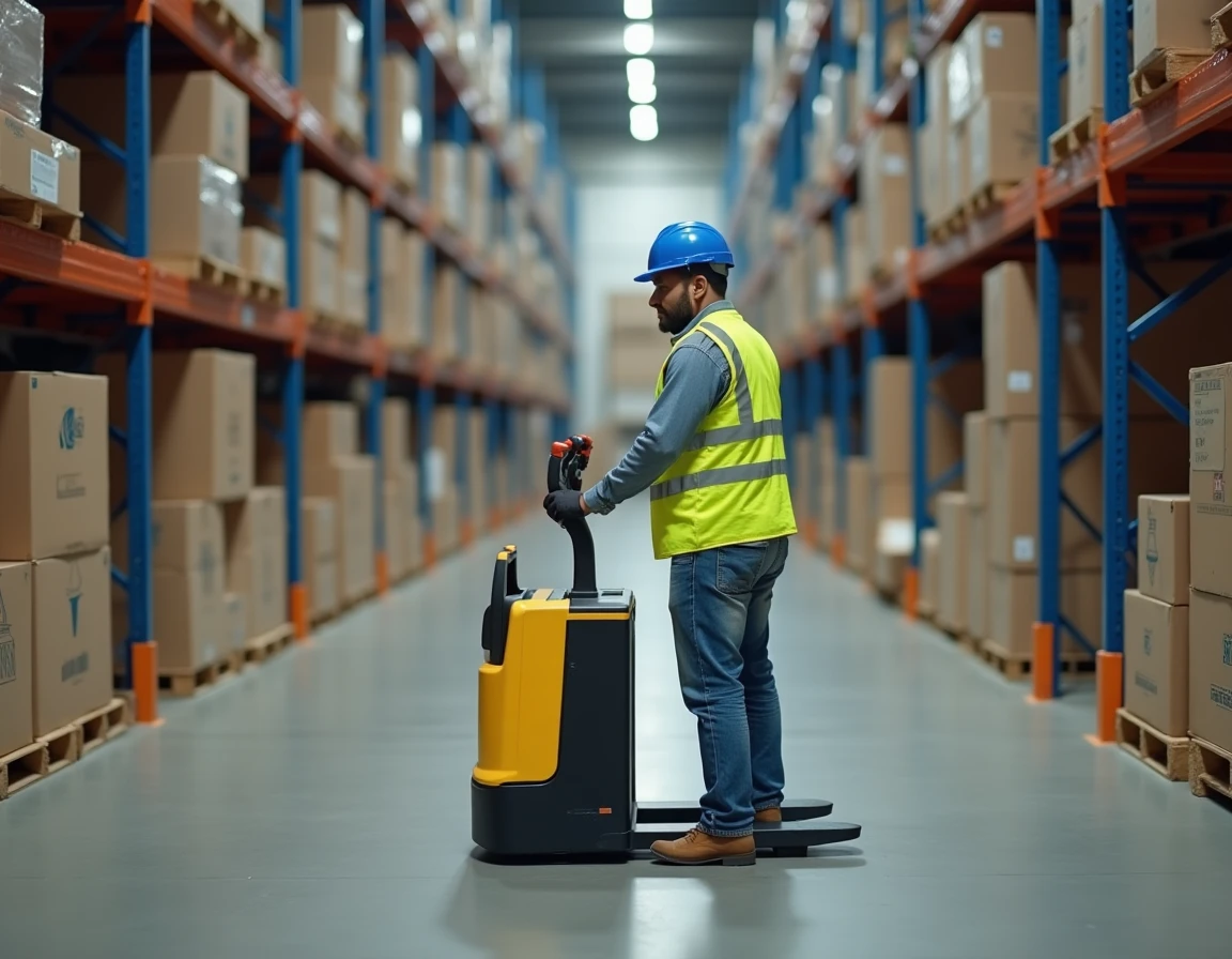 Cariste utilisant un transpalette électrique CACES 1 dans une allée de entrepôt logistique avec des rayonnages métalliques