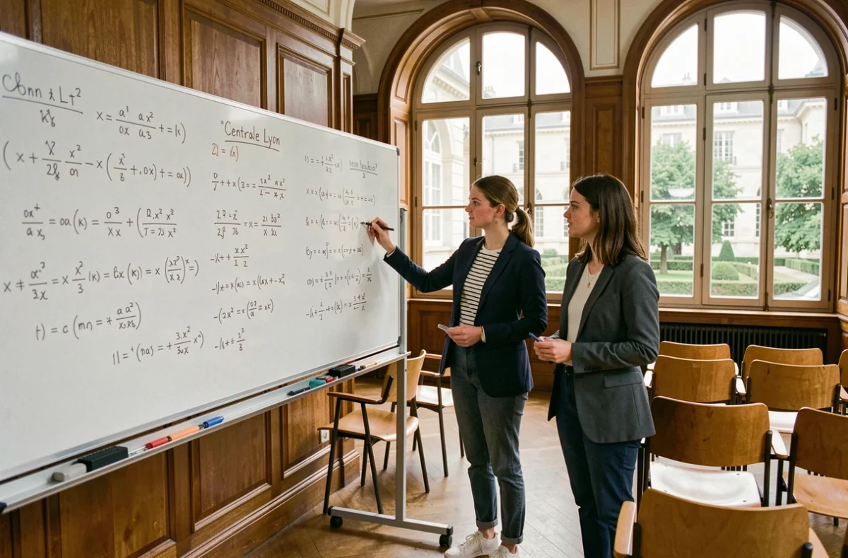 Étudiantes de Centrale Lyon révisant des formules mathématiques sur un tableau blanc dans une salle de séminaire au cadre classique