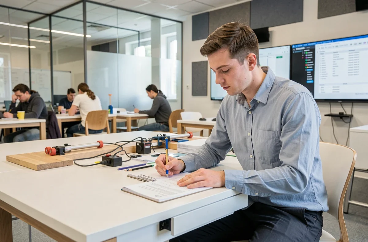 Étudiant adulte en formation d'ingénieur au CESI prenant des notes lors d'un atelier pratique dans un espace pédagogique moderne et modulable