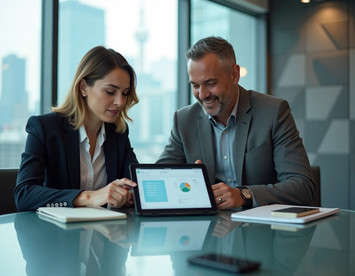 Deux entrepreneurs collaborant sur une formation Canva via une tablette dans une salle de réunion moderne
