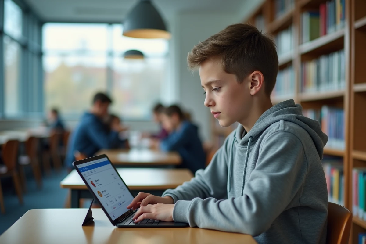 Collégien consultant ses devoirs en ligne sur une tablette dans la bibliothèque de son établissement scolaire