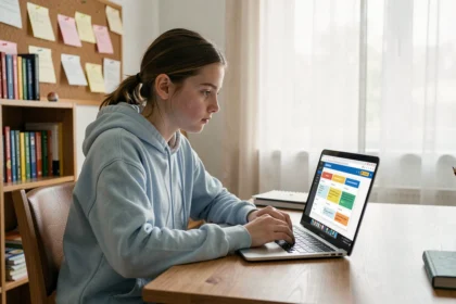 Collégienne utilisant l'ENT Auvergne Rhône-Alpes sur un ordinateur portable pour consulter ses devoirs à la maison