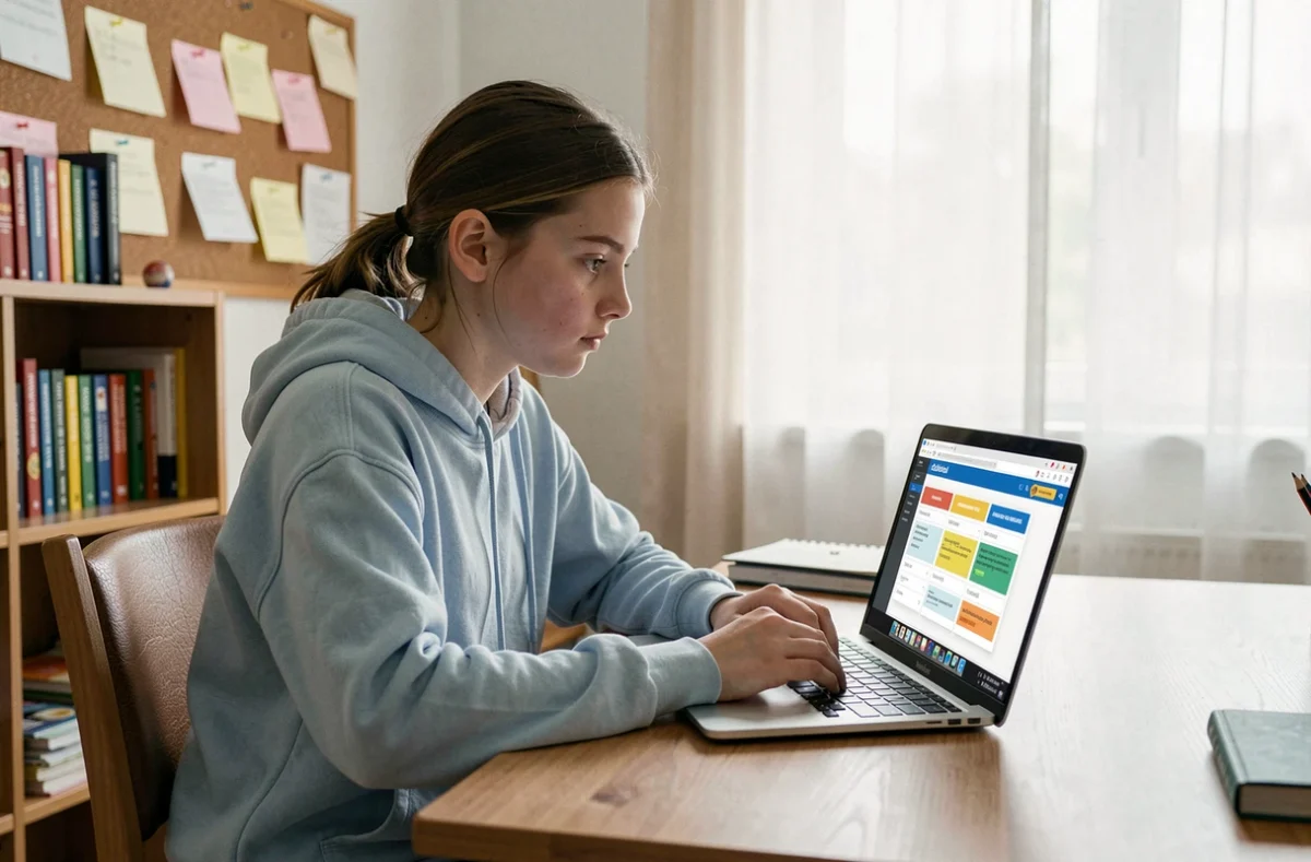 Collégienne utilisant l'ENT Auvergne Rhône-Alpes sur un ordinateur portable pour consulter ses devoirs à la maison