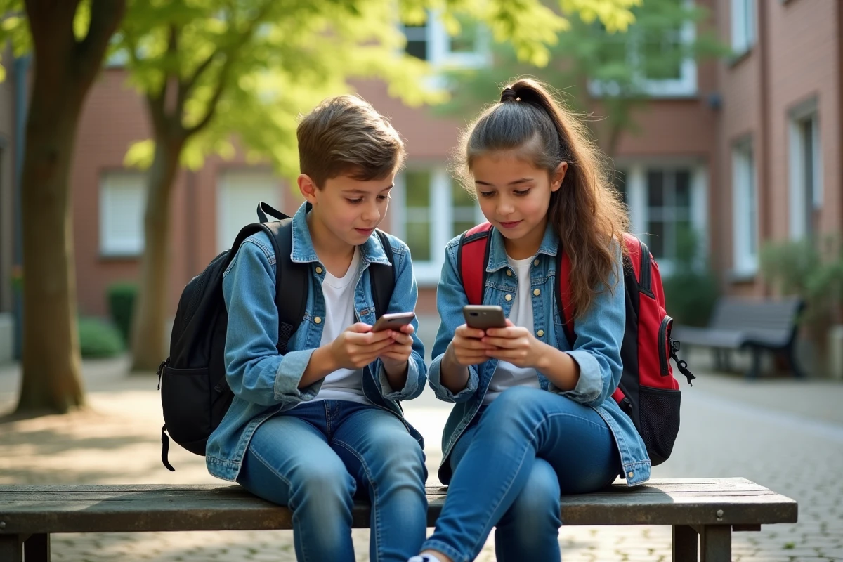 Deux collégiens comparant les interfaces ENT et neo sur leurs smartphones dans la cour de récréation