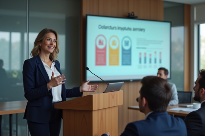 Femme confiante en pr&eacute;sentation en milieu professionnel