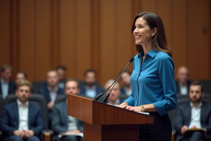 Femme confiante en conférence avec sourire naturel