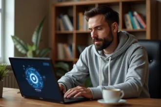 Homme configurant un réseau domestique ent02 sur un ordinateur portable dans un bureau à la maison
