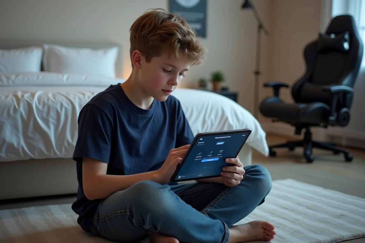 Adolescent configurant plusieurs appareils connectés ent02 via une tablette dans une chambre