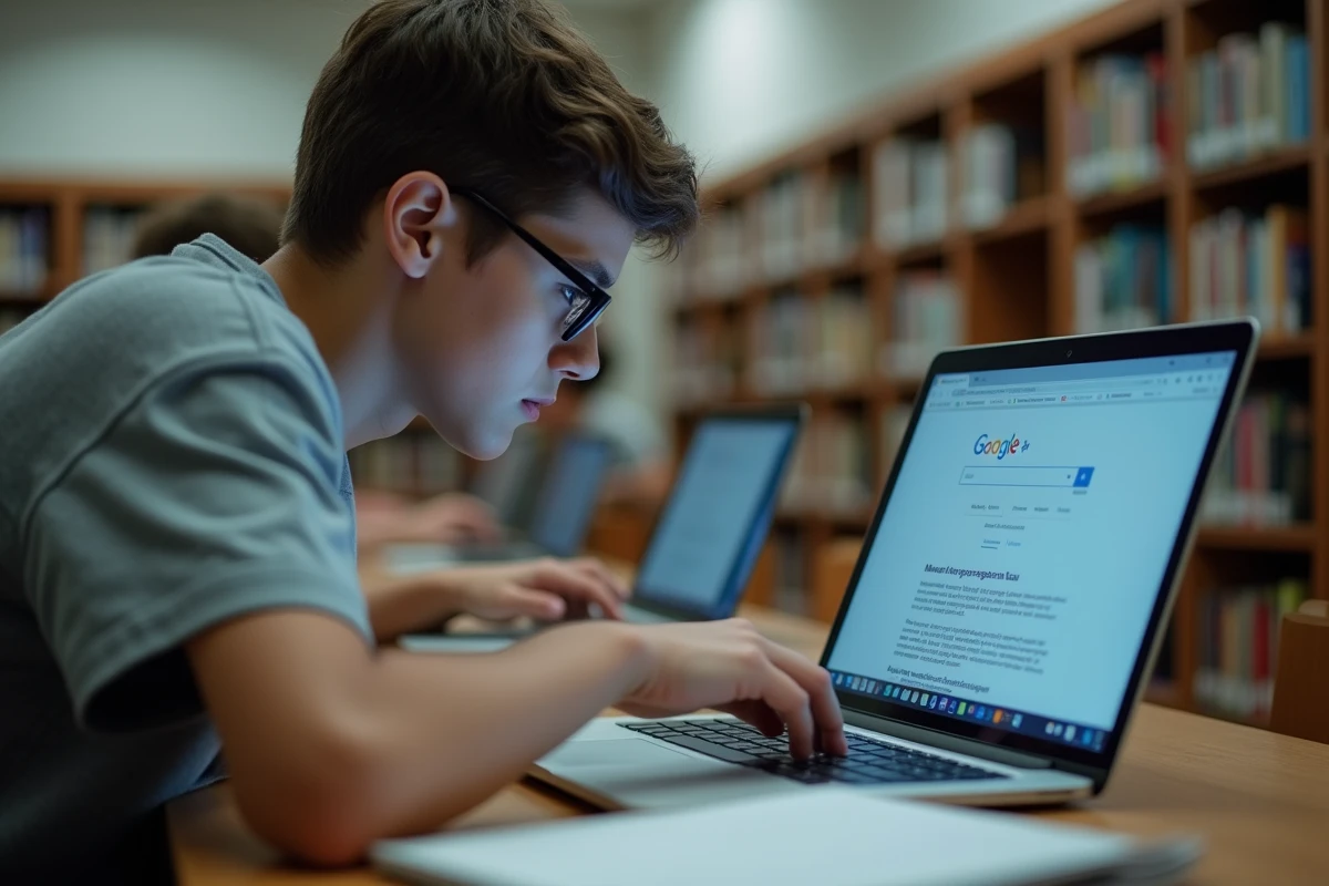 Un adolescent dans une bibliothèque publique sur le point de cliquer sur un lien non officiel trouvé via un moteur de recherche pour accéder à Cybercollège, illustrant le risque de phishing par URL.