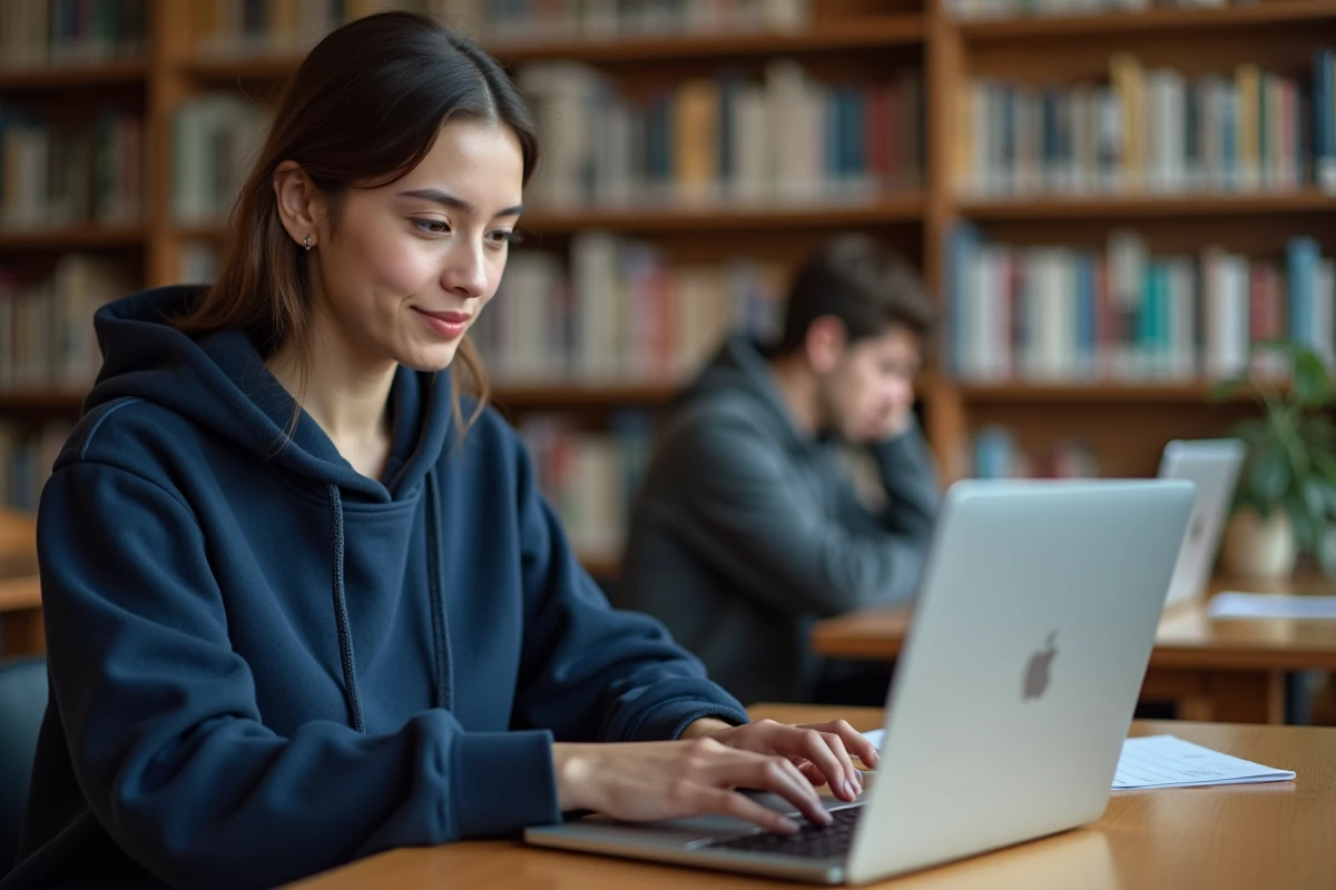 Étudiante connectée de façon sécurisée au portail universitaire sur un ordinateur portable dans une bibliothèque universitaire