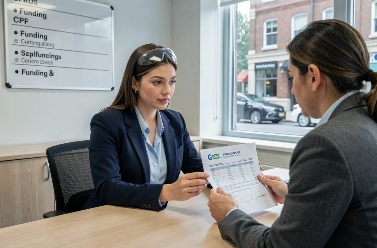 Femme en formation BTP discutant des aides financières CPF avec un conseiller dans un centre de formation professionnelle