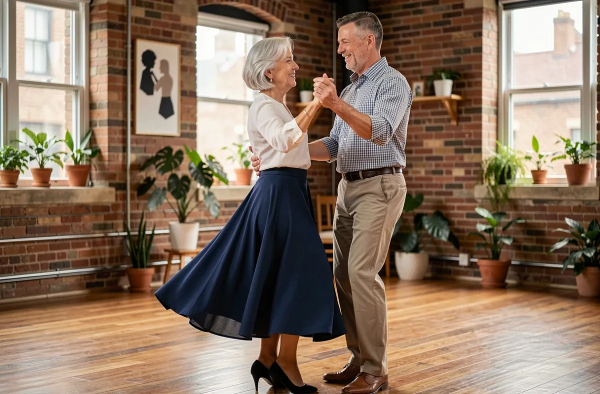 Couple de seniors dansant ensemble dans un studio de danse à Lille, activité physique douce pour les personnes âgées
