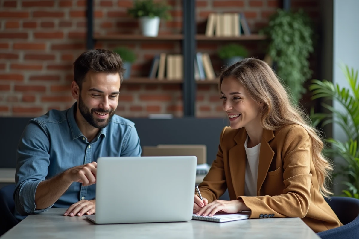 Deux personnes explorant ensemble une plateforme de cours de bricolage en ligne dans un espace de coworking