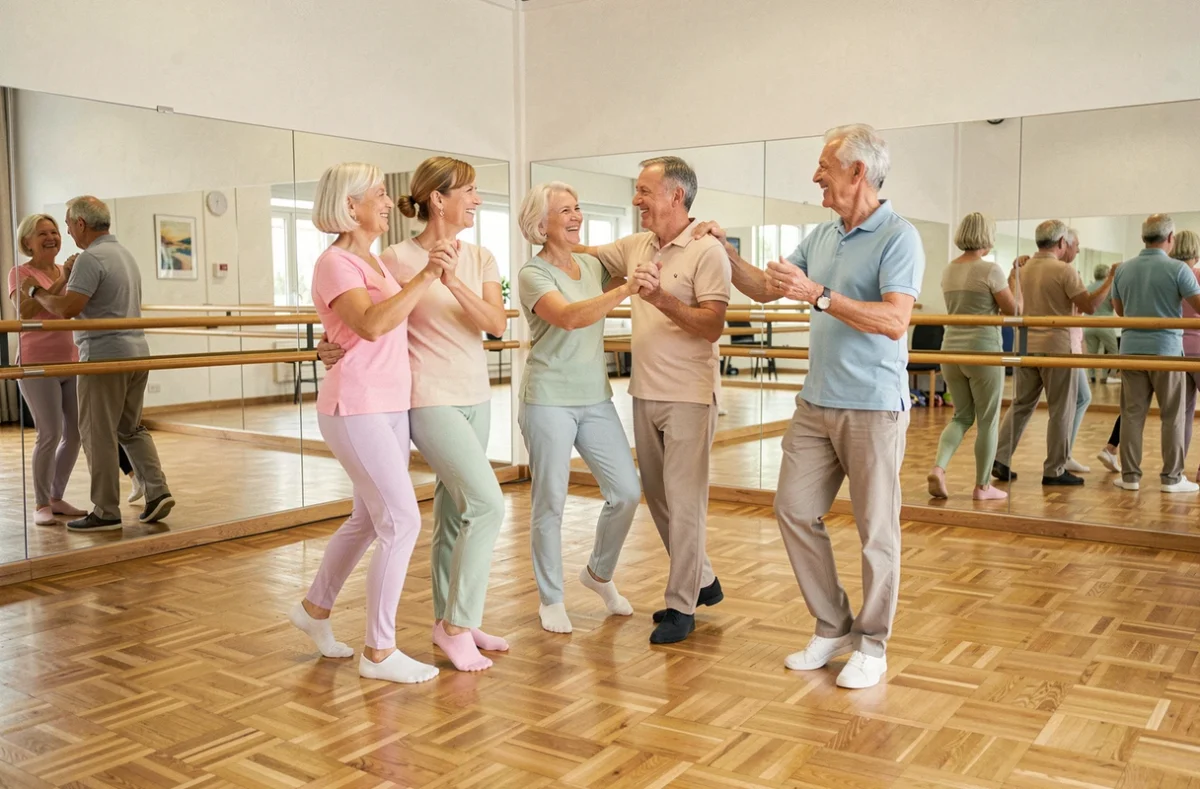 Groupe de seniors actifs pratiquant la danse en salle à Lille, cours de danse douce pour personnes âgées