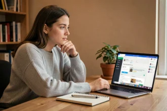 Jeune femme concentrée suivant un cours en ligne sur une plateforme e-learning depuis son bureau à domicile