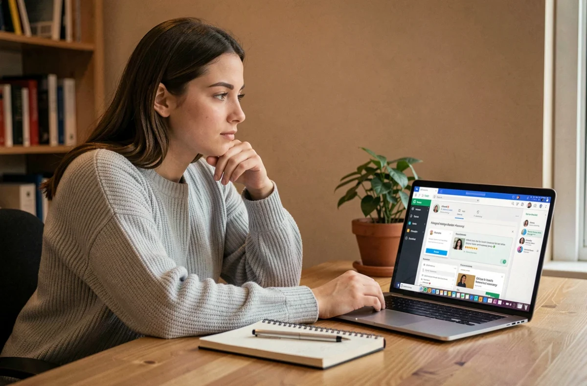 Jeune femme concentrée suivant un cours en ligne sur une plateforme e-learning depuis son bureau à domicile