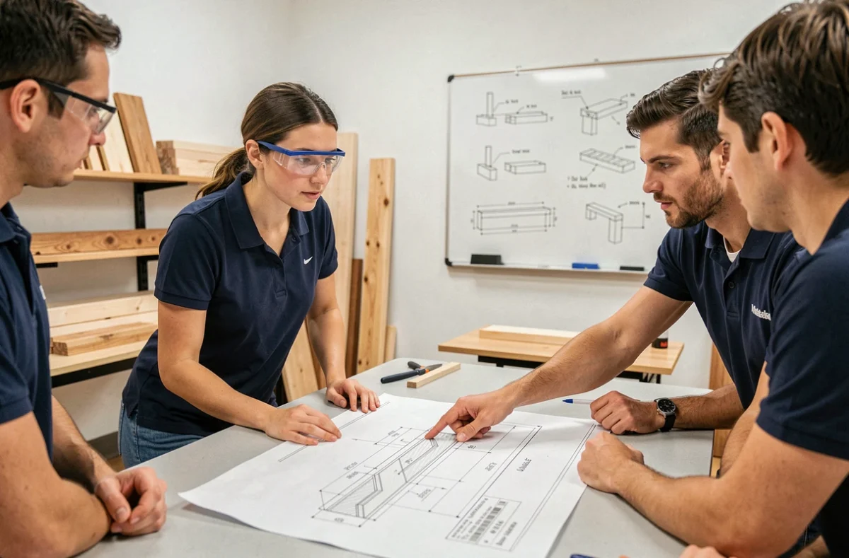 Étudiante en formation menuiserie étudiant des plans techniques avec un formateur dans un centre de formation