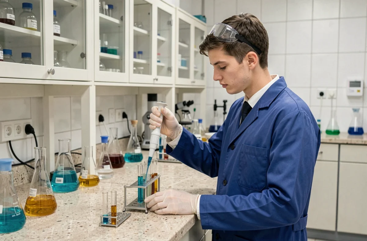 Étudiant de CPE Lyon en blouse bleue réalisant des expériences chimiques avec des pipettes et des tubes à essai dans un laboratoire de chimie