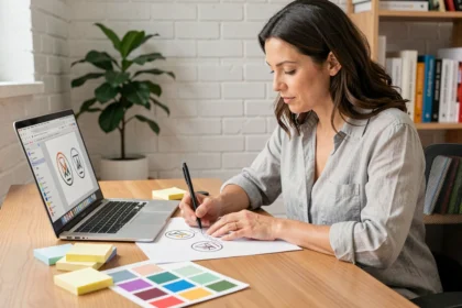 Femme créant un logo pour une école sur papier avec des outils de design graphique autour d'elle dans un bureau à domicile