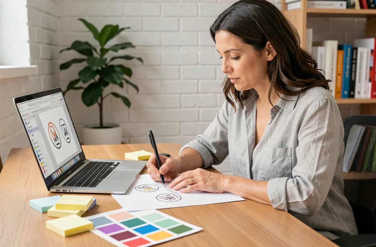 Femme créant un logo pour une école sur papier avec des outils de design graphique autour d'elle dans un bureau à domicile