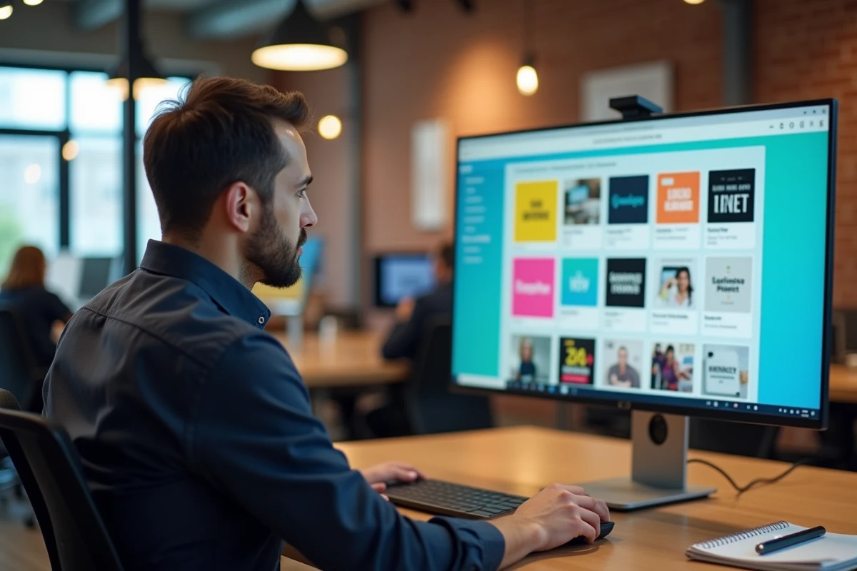 Homme en espace de coworking utilisant Canva pour concevoir des publications réseaux sociaux professionnelles